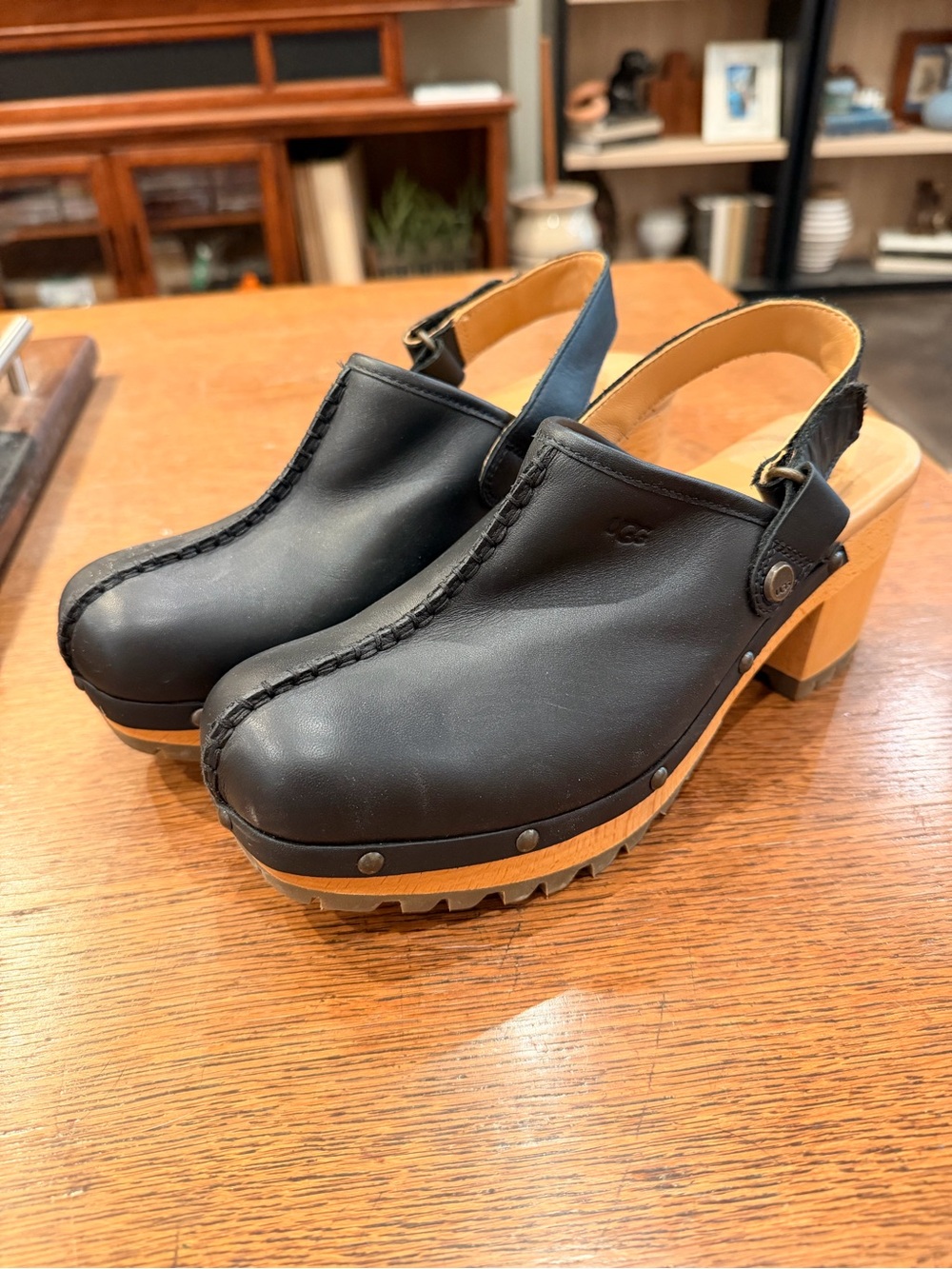 UGG Women's Black Leather Slingback Clog Heels